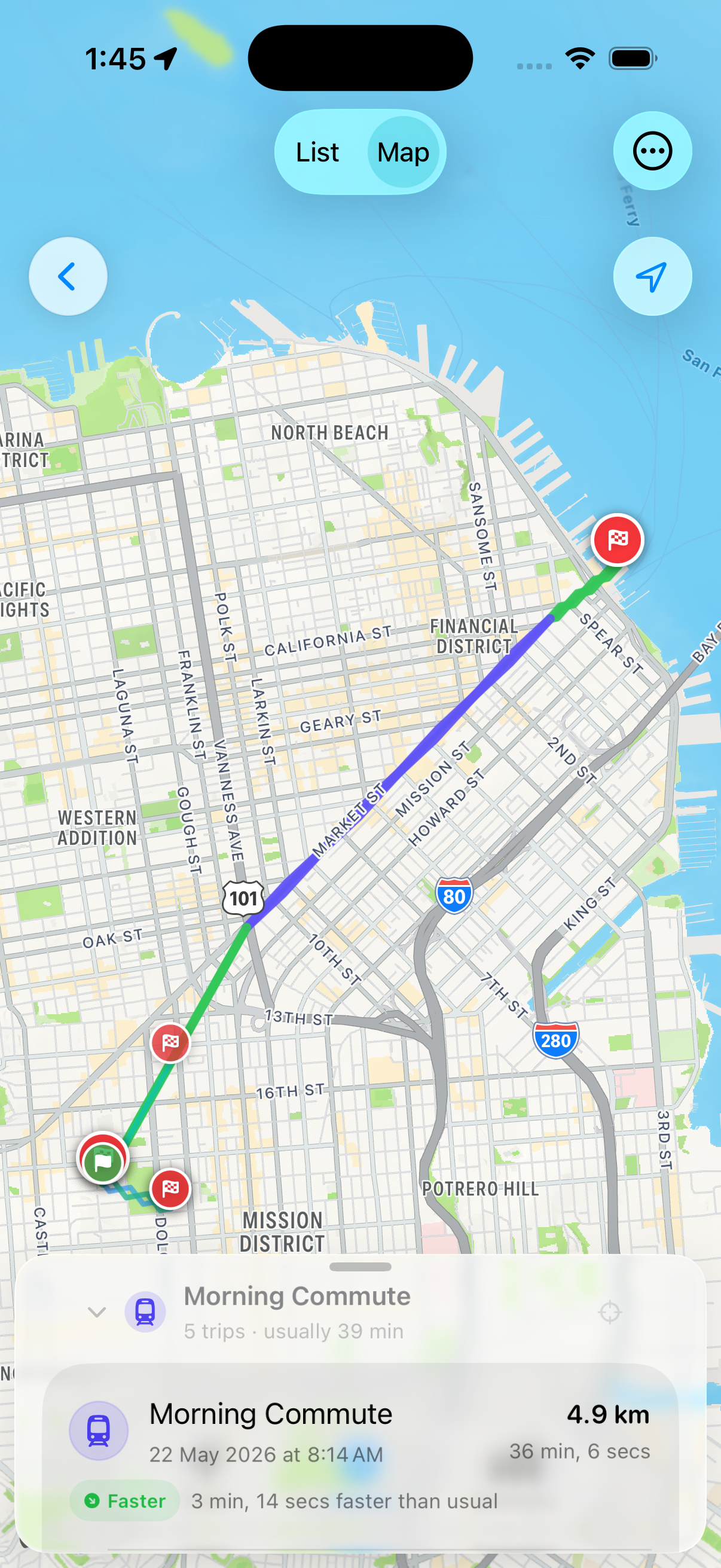 History map showing recorded commute routes