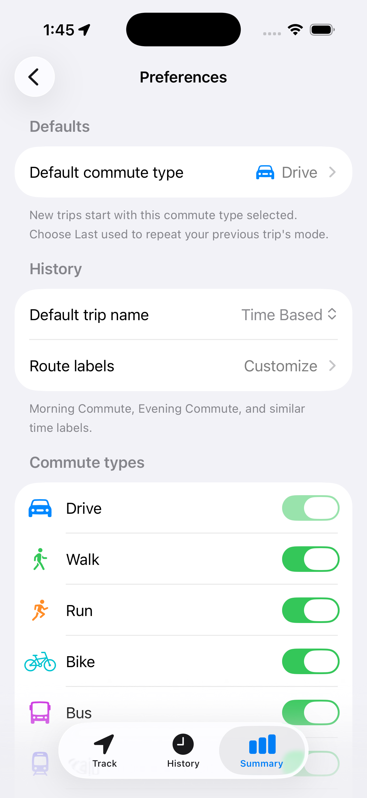 Preferences screen with enabled commute modes