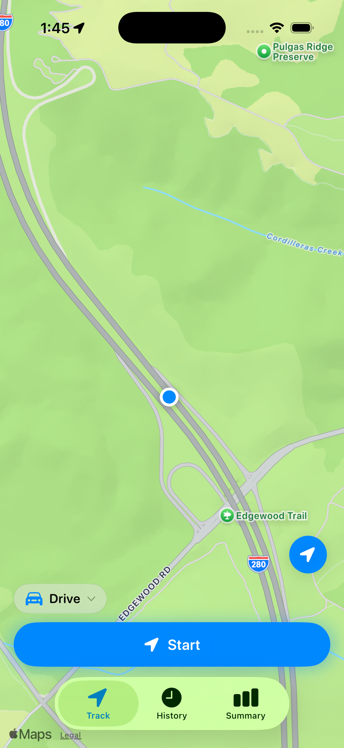 Track screen with the current trip route on a map