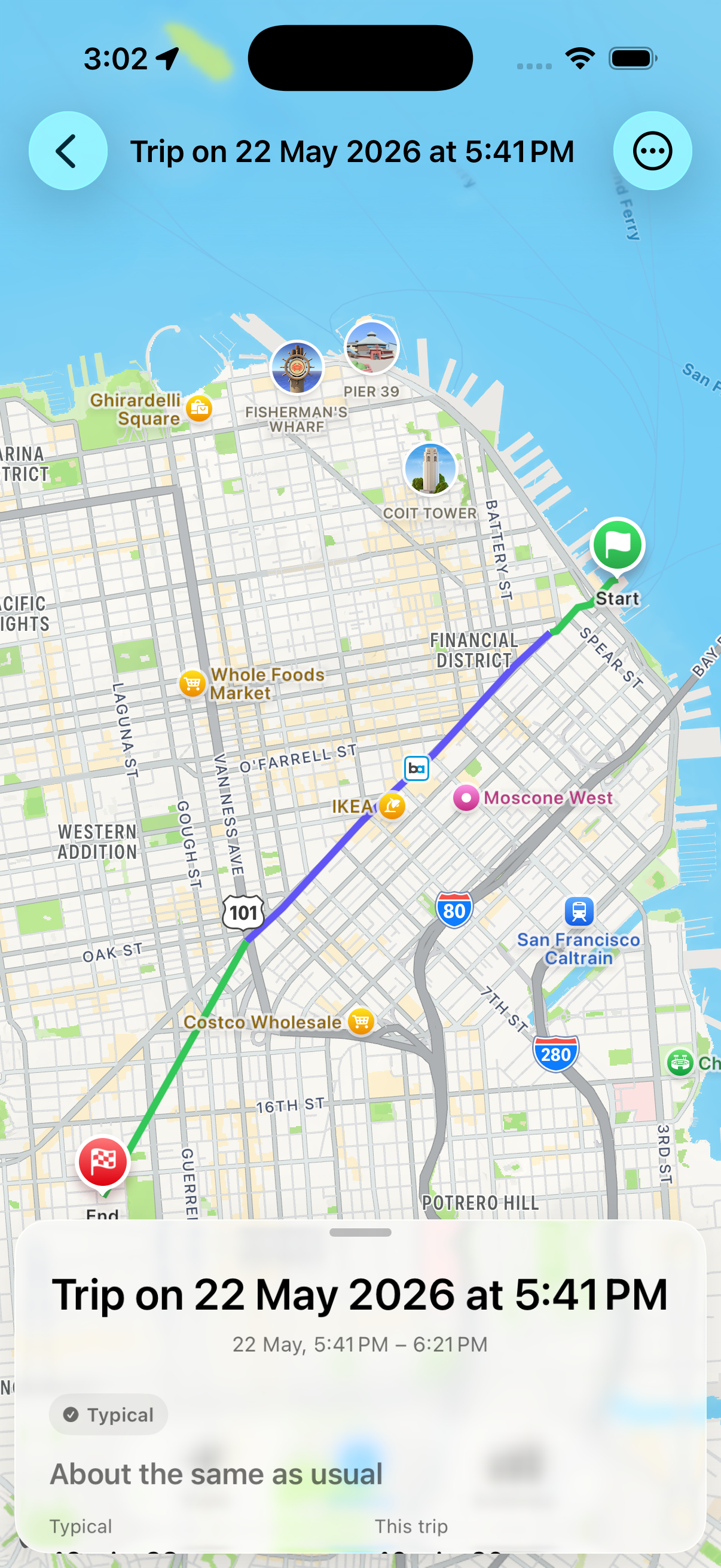 Trip detail screen with route timing and comparison details