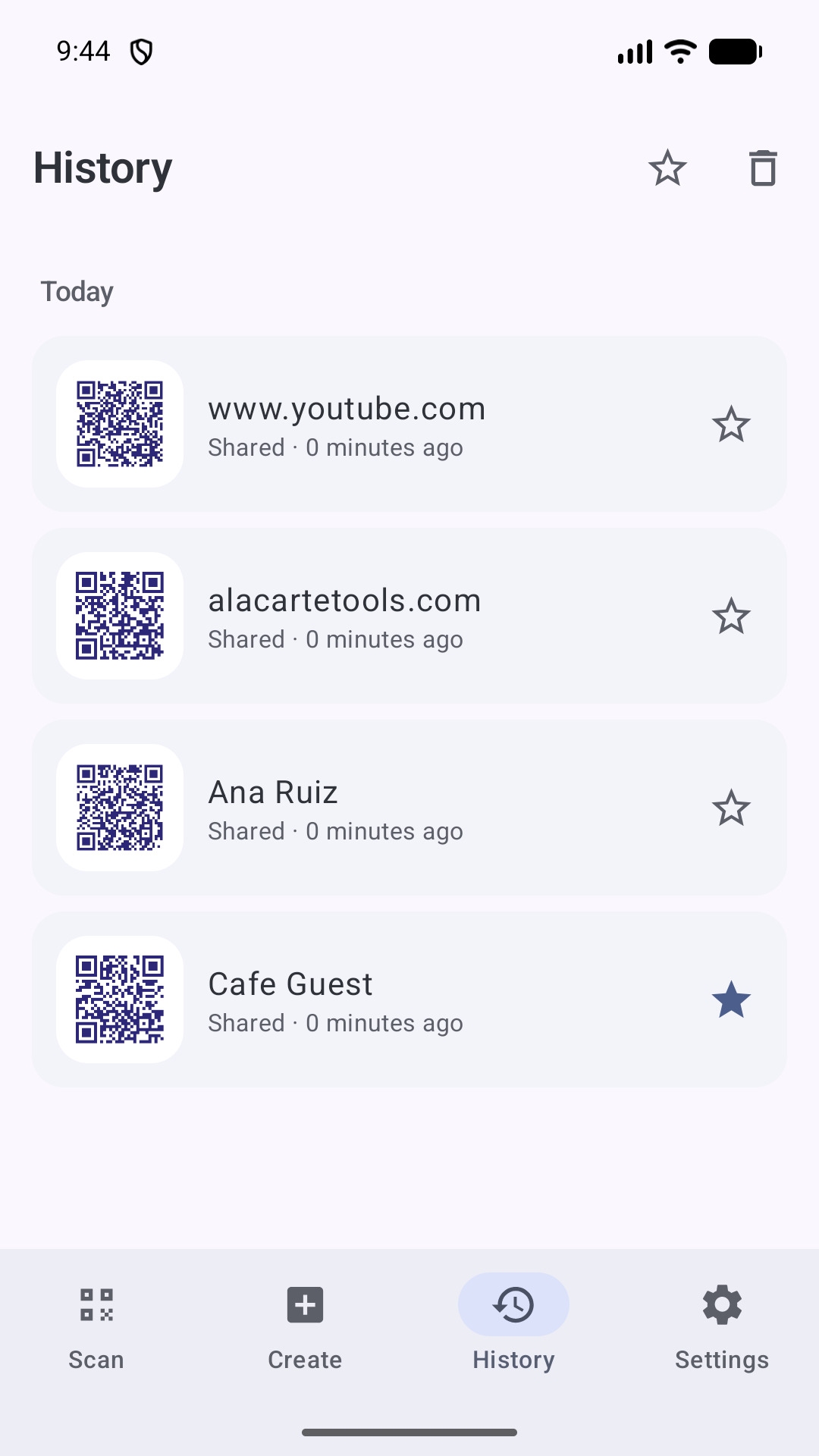 QShare code history with starred entries