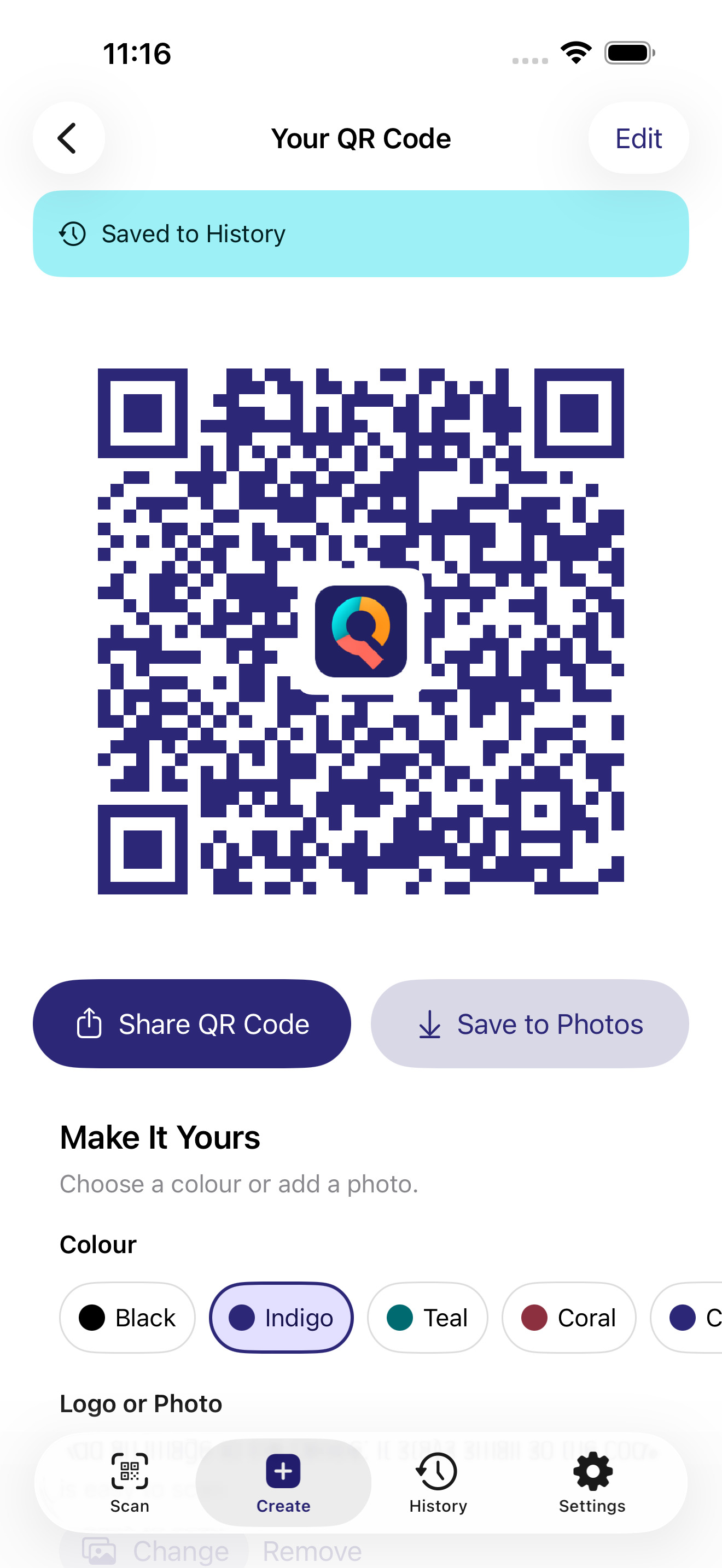 A finished QR code with a logo in the middle