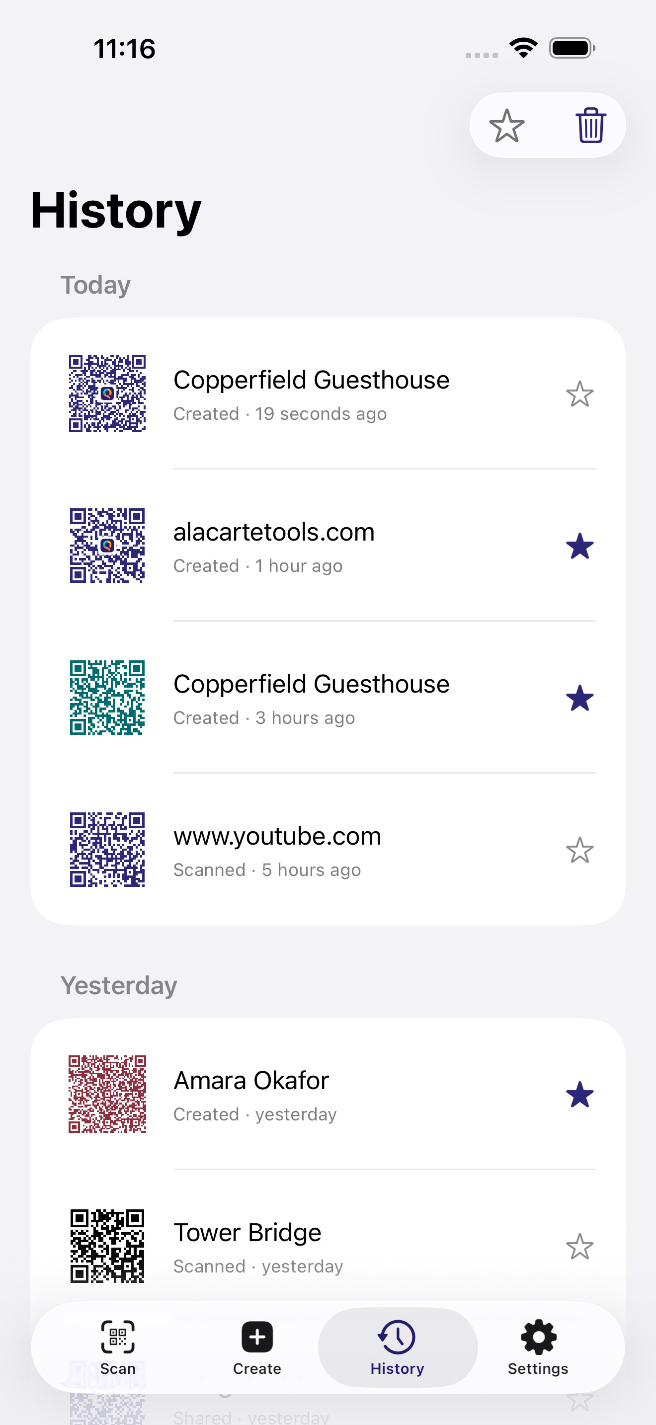 QShare code history with starred entries